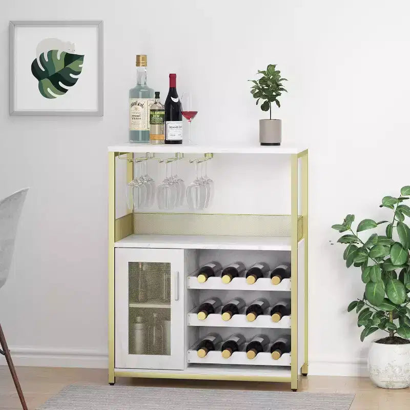 Mobile Bar per Caffè e Vino con Portabottiglie Rimovibile, Porta Bicchieri, Cassetto e Anta in Rete – Credenza e Contenitore per Sala da Pranzo, Cucina
