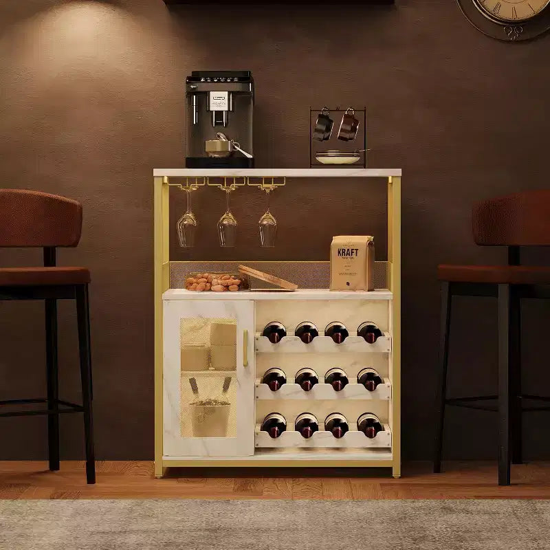 Mobile Bar per Caffè e Vino con Portabottiglie Rimovibile, Porta Bicchieri, Cassetto e Anta in Rete – Credenza e Contenitore per Sala da Pranzo, Cucina