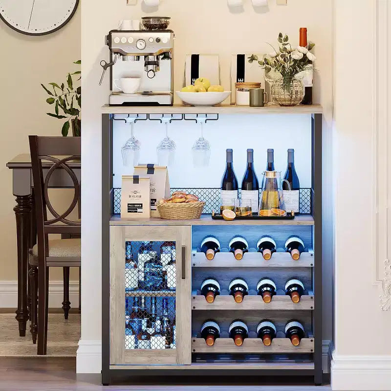 Mobile Bar per Caffè e Vino con Portabottiglie Rimovibile, Porta Bicchieri, Cassetto e Anta in Rete – Credenza e Contenitore per Sala da Pranzo, Cucina