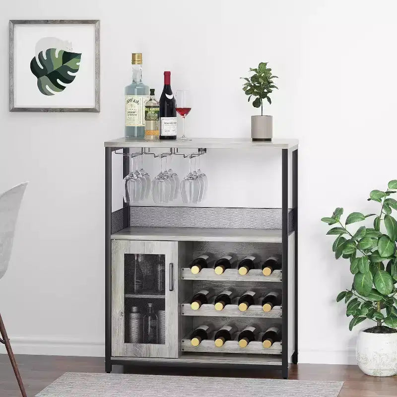 Mobile Bar per Caffè e Vino con Portabottiglie Rimovibile, Porta Bicchieri, Cassetto e Anta in Rete – Credenza e Contenitore per Sala da Pranzo, Cucina