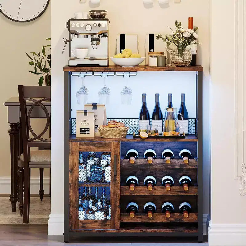 Mobile Bar per Caffè e Vino con Portabottiglie Rimovibile, Porta Bicchieri, Cassetto e Anta in Rete – Credenza e Contenitore per Sala da Pranzo, Cucina