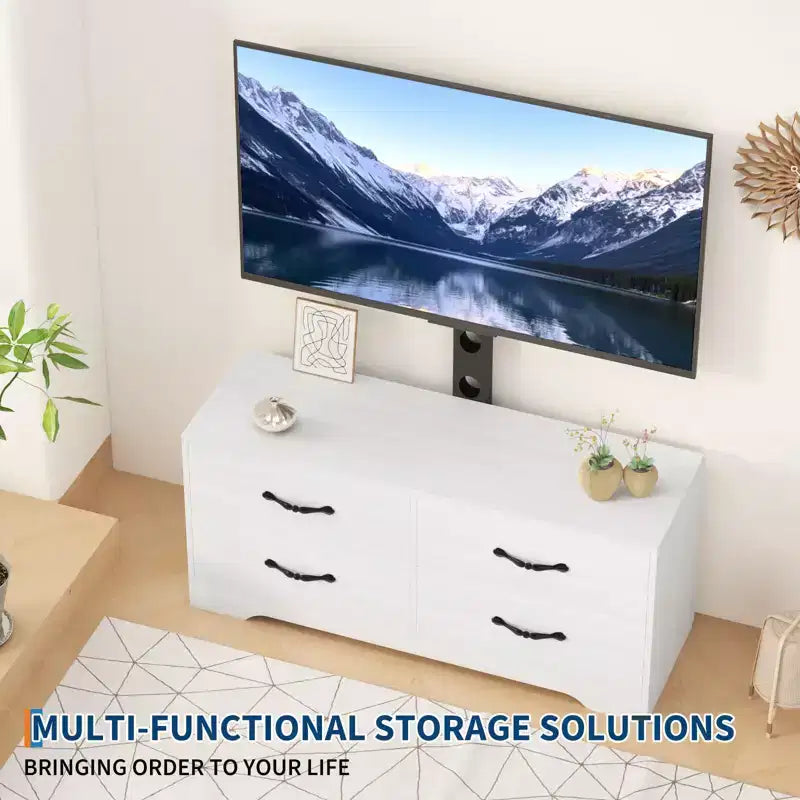 Mobile TV con Supporto per TV da 32-75 Pollici, Consolle Multimediale Moderna con 4 Grandi Cassetti, Credenza Centro Intrattenimento per Soggiorno e Camera da Letto