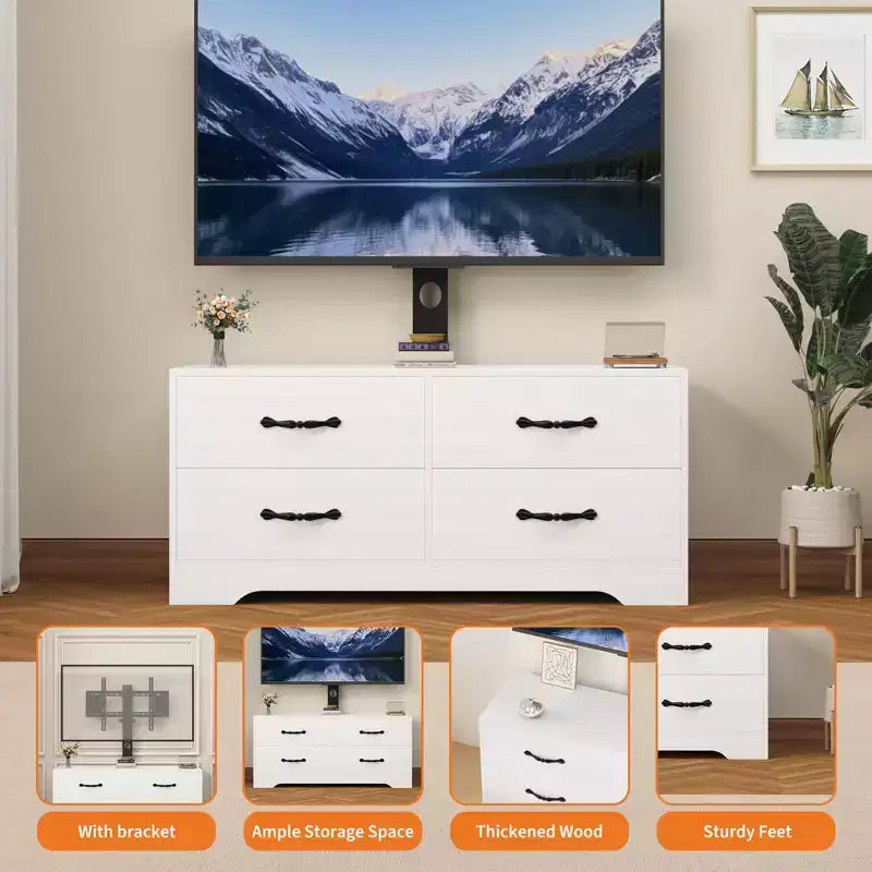 Mobile TV con Supporto per TV da 32-75 Pollici, Consolle Multimediale Moderna con 4 Grandi Cassetti, Credenza Centro Intrattenimento per Soggiorno e Camera da Letto