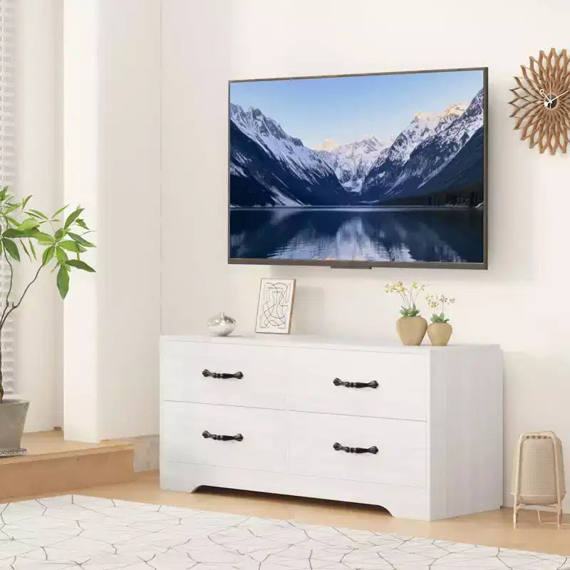 Mobile TV con Supporto per TV da 32-75 Pollici, Consolle Multimediale Moderna con 4 Grandi Cassetti, Credenza Centro Intrattenimento per Soggiorno e Camera da Letto