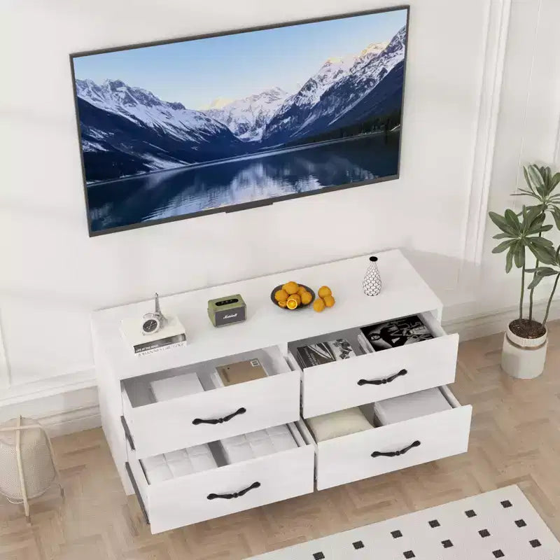 Mobile TV con Supporto per TV da 32-75 Pollici, Consolle Multimediale Moderna con 4 Grandi Cassetti, Credenza Centro Intrattenimento per Soggiorno e Camera da Letto