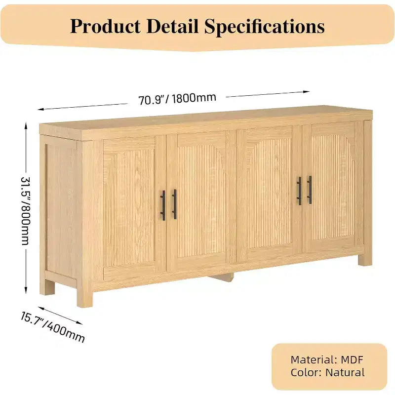 Credenza da 71 pollici, design a quattro ante, con finiture incassate e ripiani regolabili.
