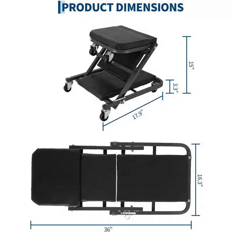 Sedile carrello meccanico pieghevole 2 in 1, sedia da officina garage regolabile con rotelle, capacità 150 kg, 6 ruote girevoli, telaio in acciaio, per riparazioni auto