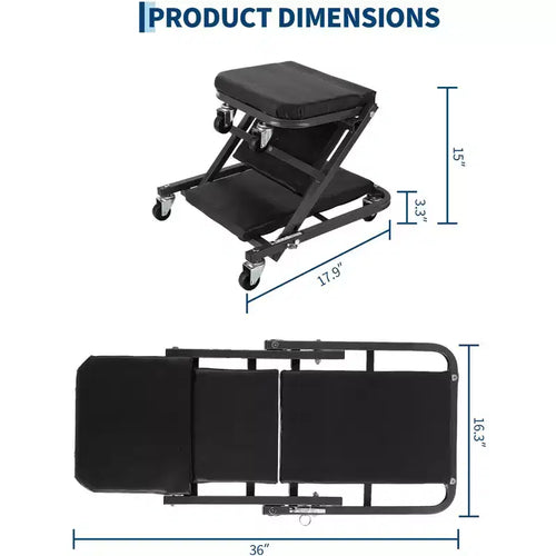 Sedile carrello meccanico pieghevole 2 in 1, sedia da officina garage regolabile con rotelle, capacità 150 kg, 6 ruote girevoli, telaio in acciaio, per riparazioni auto