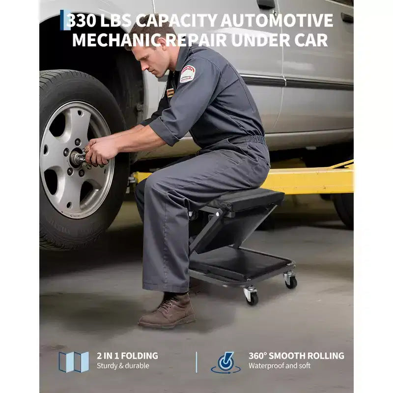 Sedile carrello meccanico pieghevole 2 in 1, sedia da officina garage regolabile con rotelle, capacità 150 kg, 6 ruote girevoli, telaio in acciaio, per riparazioni auto