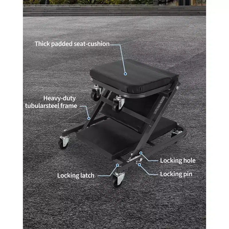Sedile carrello meccanico pieghevole 2 in 1, sedia da officina garage regolabile con rotelle, capacità 150 kg, 6 ruote girevoli, telaio in acciaio, per riparazioni auto