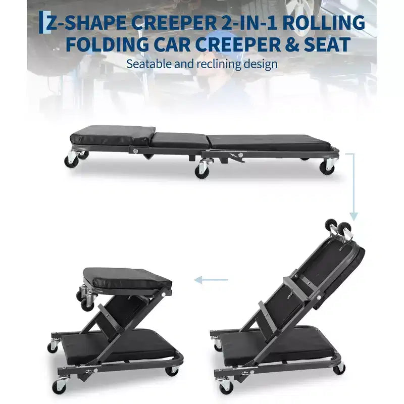 Sedile carrello meccanico pieghevole 2 in 1, sedia da officina garage regolabile con rotelle, capacità 150 kg, 6 ruote girevoli, telaio in acciaio, per riparazioni auto