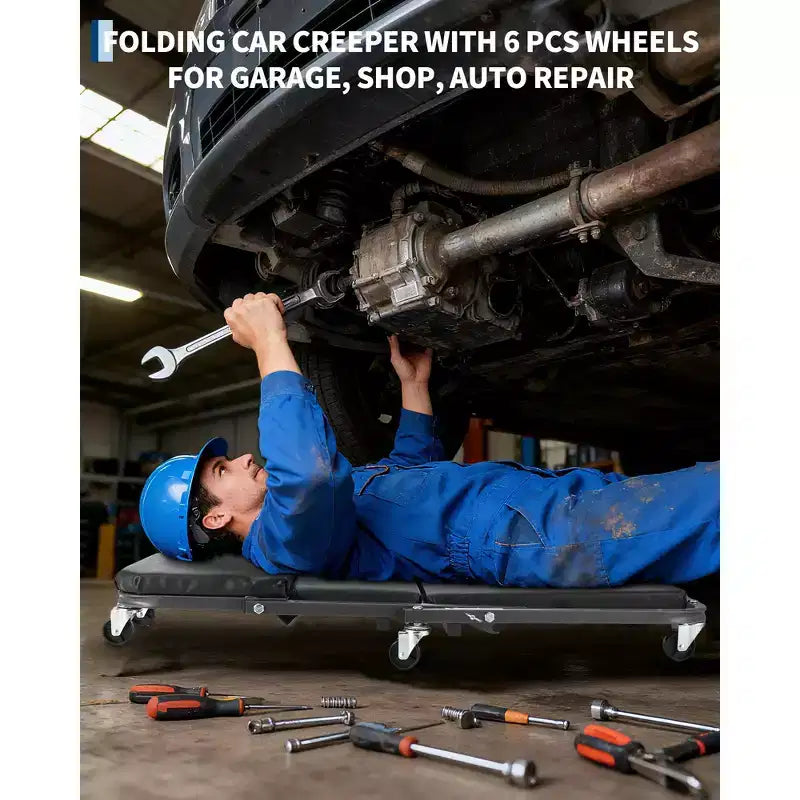 Sedile carrello meccanico pieghevole 2 in 1, sedia da officina garage regolabile con rotelle, capacità 150 kg, 6 ruote girevoli, telaio in acciaio, per riparazioni auto
