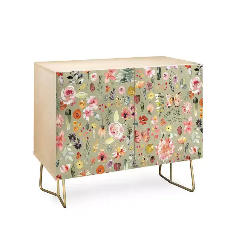 Credenza per piante colorate di campagna, moderno di metà secolo, betulla baltica con gambe in acciaio, verde/oro