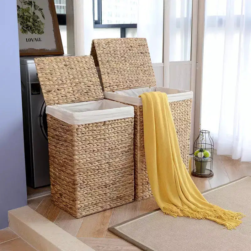 Cesti portabiancheria in vimini fatti a mano con coperchio, set da 2, in giacinto d'acqua, naturale