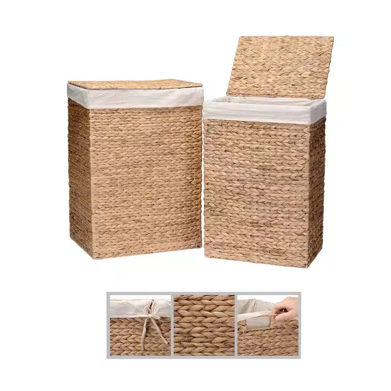 Cesti portabiancheria in vimini fatti a mano con coperchio, set da 2, in giacinto d'acqua, naturale