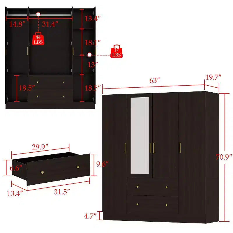 Armadio moderno a 4 ante con specchio, 2 cassetti e aste robuste