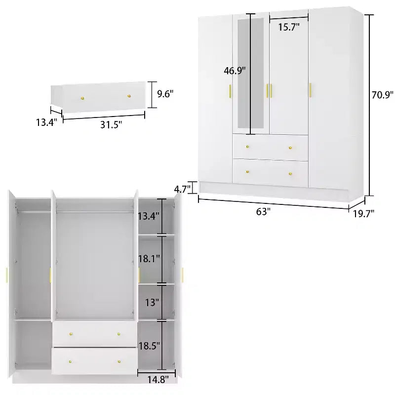 Armadio moderno a 4 ante con specchio, 2 cassetti e aste robuste