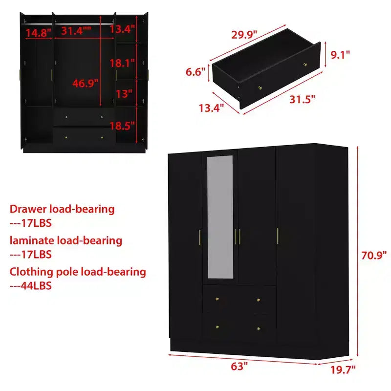Armadio moderno a 4 ante con specchio, 2 cassetti e aste robuste